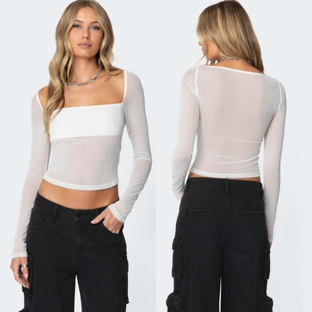 Edikted Marta White Sheer Long Sleeve Top Large Skater Rave Square Bachelorette